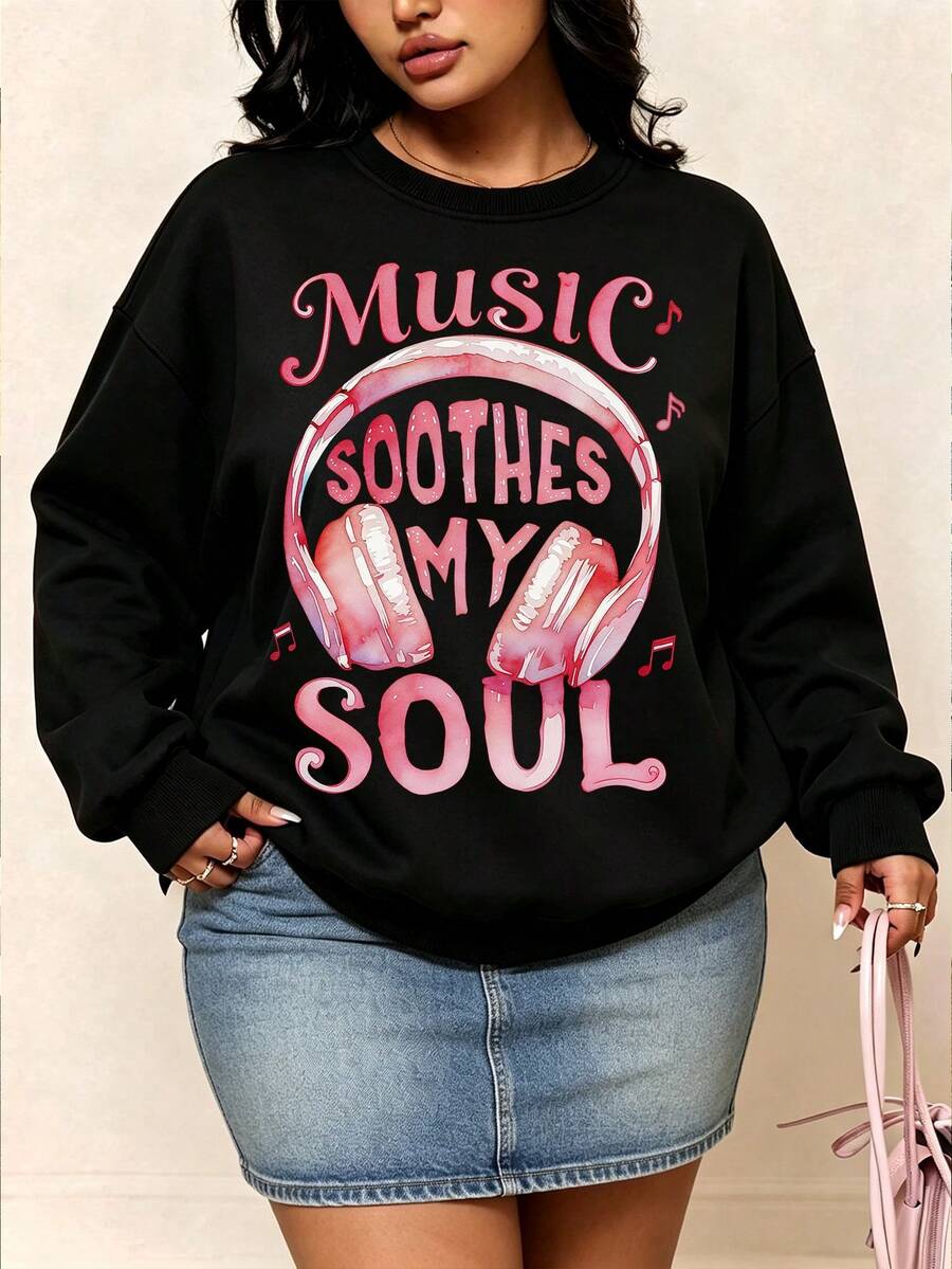 Pink Headphones - Soul Music Pattern, Soft & Breathable, Oversized Hooded Sweatshirt, Suitable For Women's Autumn/Winter Wear - Black - View 1