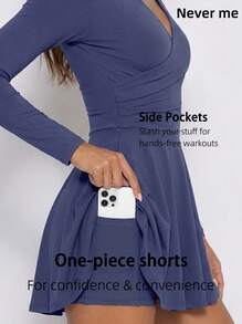 Never me Setelan Pakaian Tenis Wanita Model V-Neck, Gaun Golf dan Celana Pendek 2 Potong dengan Kantong Terintegrasi - Biru - View 2