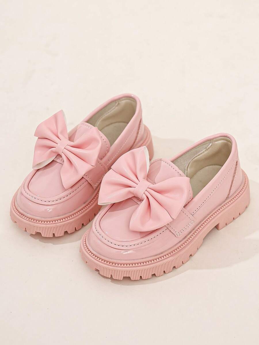 Girls' Shiny Pink Slip-On Loafers, Thick Sole, Non-Slip, Simple Versatile British Style Shoes - Pink - View 1