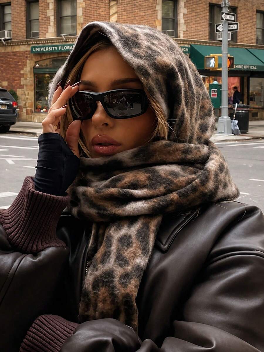 1pc Unisex Leopard Print Scarf, Soft Warm Oversized Tassel Shawl, Cozy Animal Print Winter Wrap For Autumn Winter, Cold Weather, Travel & Outdoor - Multicolor - View 1