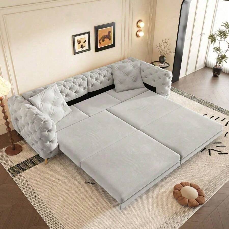 97.7" 3-In-1 Convertible Sleeper Sofa, 28.4" Deep Seat Pull Out Sofa Bed,Button Tufted Modern Sofa, 4-Seater Couch With Movable Ottoman For Living Room, Apartment, Office, Bedroom,Beige/White - Gris - Ver 1