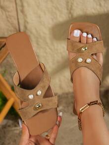 Women's Brown New Faux Suede One-Strap Sandals, Square Toe Hollow Strap Design With Pearl And Metal Rivet Decor, Flat Slip-On Bohemian Style Beach Vacation Slippers - Brown - View 4