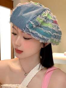 Korean Style Blue Denim Patchwork Washed Distressed Beret Hat For Women, Japanese Style Versatile Octagonal Cap, Flattering Face-Slimming Design - Multicolor - View 4