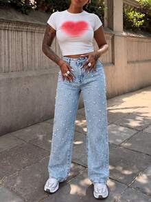 Women's Vintage Pearl Decor Light Wash Denim Flare Jeans With Button And Pocket Details - Light Wash - View 1