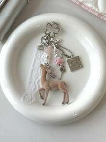 Deer Keychain Pendant Lace Pearl Bow Bag Charm Korean Sweet Clover Backpack Hanging Chain Y2K Girl Style Gift - Apricot - View 3