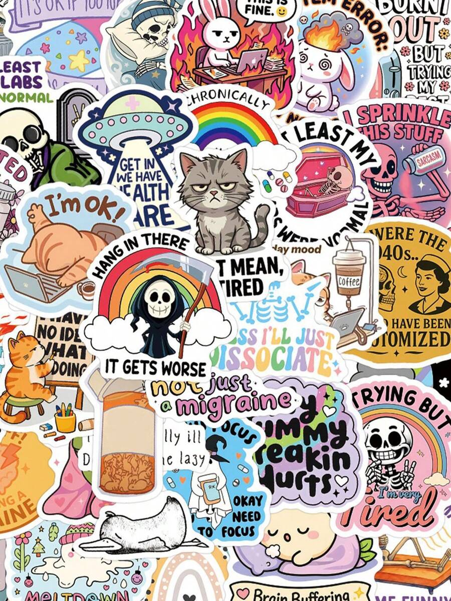 55pcs Chronic Disease Doodle Stickers, Cute & Fun Colorful Stickers For Water Bottles, Guitars, Luggage, Phone Cases, Laptops, Skateboards, Gifts - A - View 1