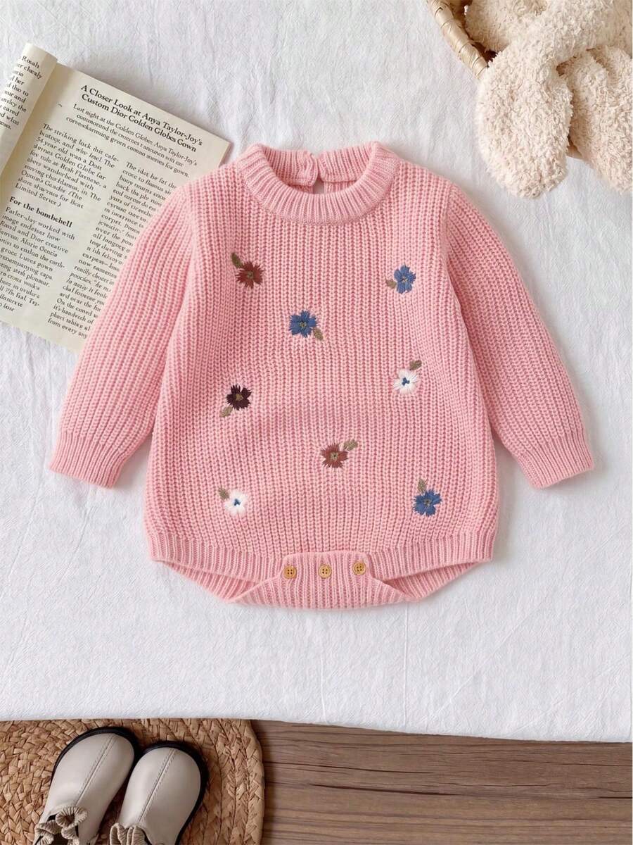 Newborn Knitted Cute Floral Embroidered Bodysuit - وردي - مشاهدة 1