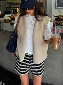 New Casual Versatile Lambswool Open Front Vest - Apricot - View 2