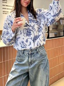 Women's Vintage Floral Print Button Front Notch Lapel Long Sleeve Shirt For Business, Office, Commute, Vacation, Holiday, Spring Fall Winter - Blue - View 6