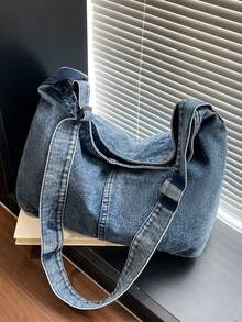 New Solid Color Washed Denim Fabric Minimalist Large Capacity Women's Crossbody Bag - A - View 10