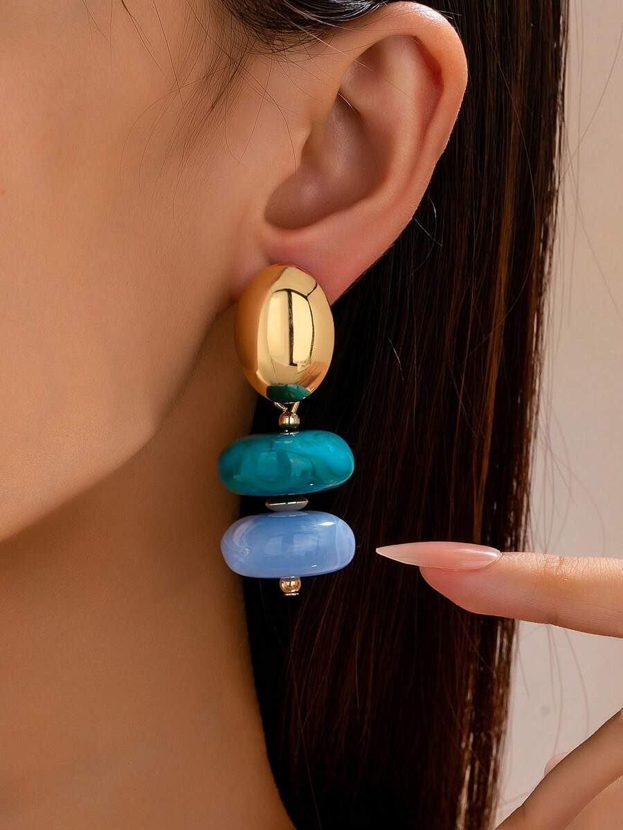 1pc Women's Vintage Marble Pattern Resin Pendant Earrings, Gold-Plated Double-Layer Oval Exaggerated Style Multi-Color Fashion Jewelry Gift - Irregular - View 1