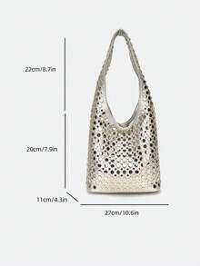 Dedoo Silver V-Shaped Double-Sided Studded Bucket Bag, Punk Style Heavy-Duty Rivet Embellished Underarm Shoulder Bag, Suitable For Work Commute And Shopping - Silver - View 10