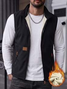 Men's Solid Color Stand Collar Thermal Lined Vest, Spring/Autumn/Winter Lambswool Lining Sleeveless Jacket, Casual Zipper Pocket Warm Vest - Black - View 10
