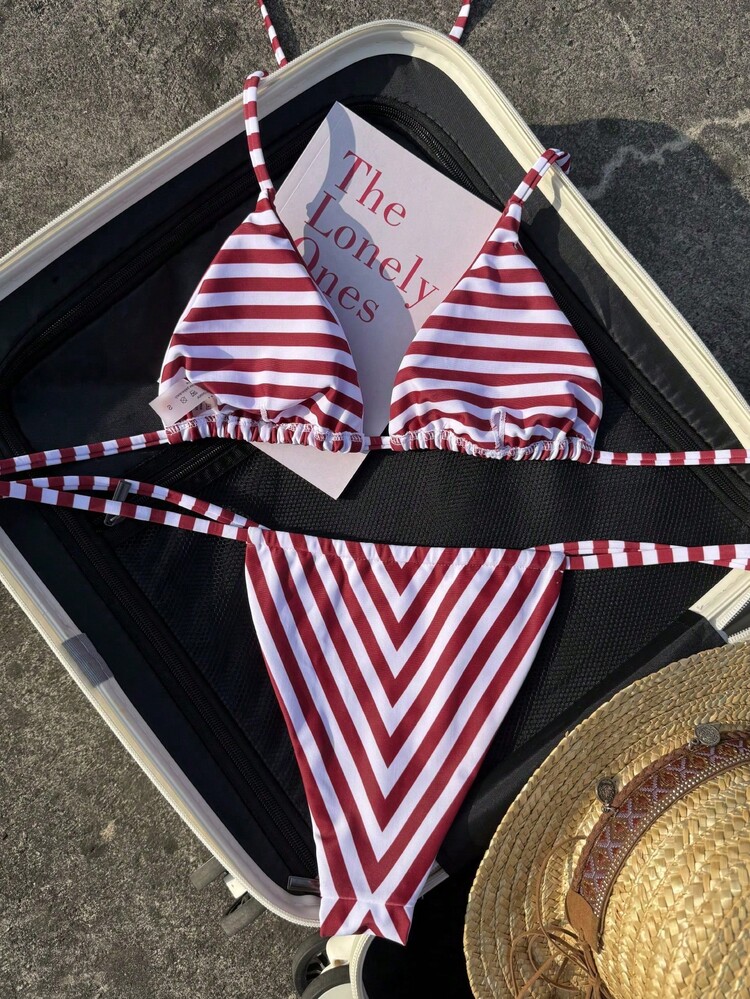 Women's Fashion Elegant Red & White Printed Swimsuit Set, Suitable For Summer, Perfect For Spring/Summer Beach Vacation, Seaside Outings And Holiday Wear - Red and White - View 4