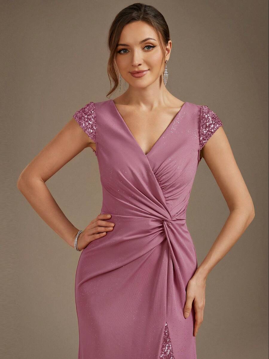 Romantic Gray Rose Semi-Formal Wedding Guest Dress, V-Neck Pleated Bust Design With Sequin Patchwork, Suitable For Summer Evening Party Fall
