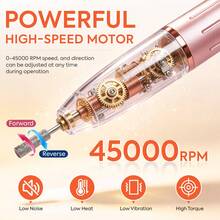 DianaBeauty Mesin Bor Kuku Elektrik Profesional 45000RPM, Dapat Diisi Ulang, Portabel, Pengamplas Kuku, Kikir Kuku, Suara Rendah dengan Layar LED, Mesin Pengoles Gel Kuku - Berwarna merah muda - View 6