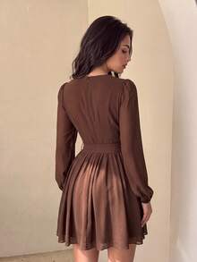 Women's Brown Casual Chic V-Neck Long Sleeves Chiffon Short Dress With A-Line Flared Hem, Perfect For Vacations, Fall Going Out, Festival & Graduation - Coffee Brown - View 2