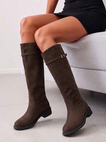 Women's Knee-High Buckle Strap Riding Boots - Dark Brown - View 3