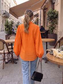 Plus Size Women's Bright Orange Blouse, Loose Fit Puff Lantern Sleeve Double Pocket Lapel Semi-Sheer Sun Protection Commuter Versatile Top - Orange - View 2
