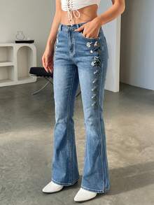 Autumn Retro Floral Embroidered Flare Jeans, Women's Mid-Waist Washed Distressed Slim Fit Flattering Bell Bottom Denim Pants - Light Wash - View 5
