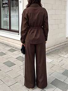 Setelan Kasual Longgar 2 Potong Wanita Warna Cokelat Kemerahan, Kemeja Berkerah dengan Kancing dan Celana Panjang Lebar, Cocok untuk Semua Musim - Burgundy - View 2