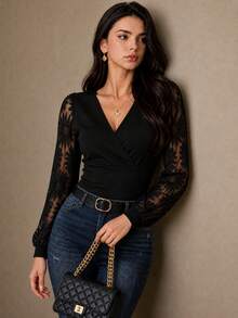 Women's Black V-Neck Knit Top With Sheer Lace Bishop Sleeves - Black - View 6