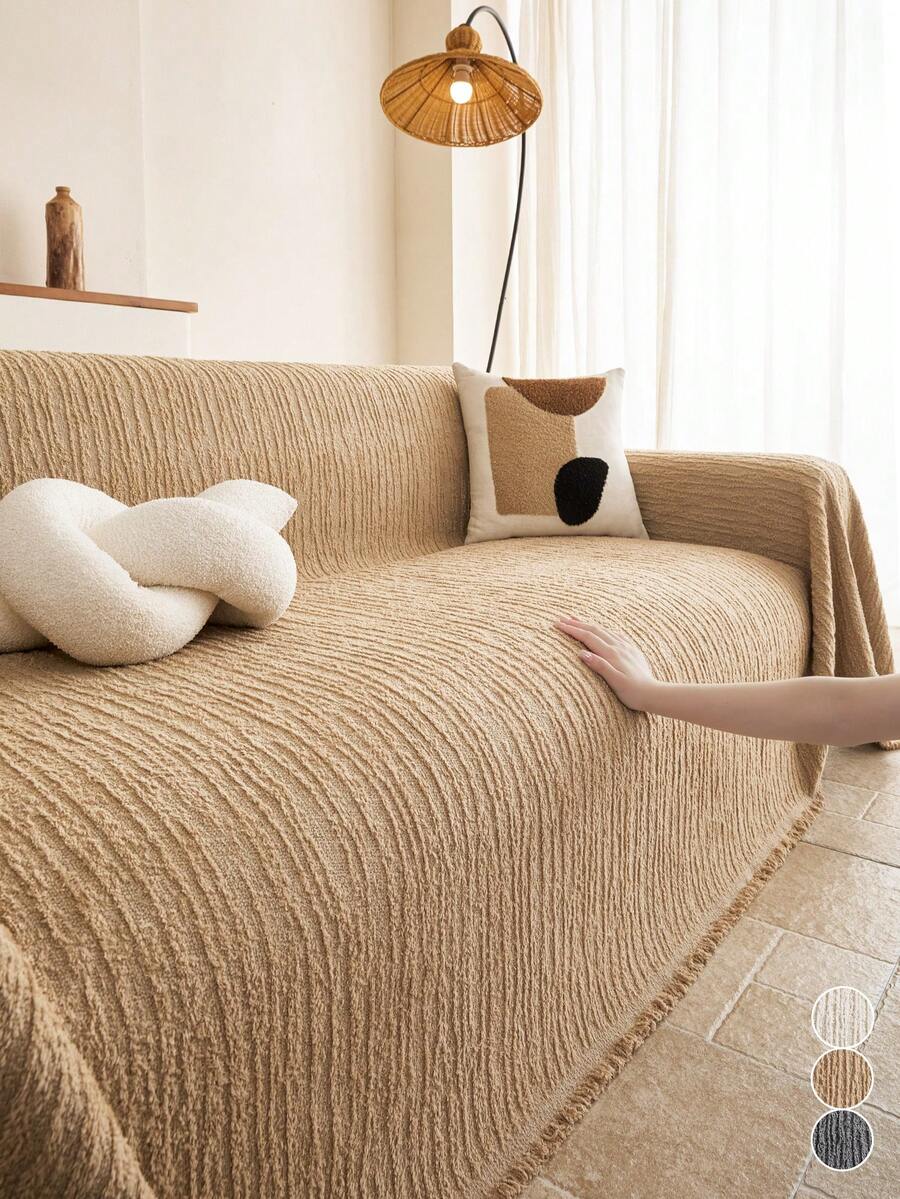 1‑Piece Universal Sofa Cover, Thick Woven Wavy Striped Reversible Double‑Sided Usable Sofa Throw With Tassels, Durable Furniture Protector For Boho Minimalist Home Style - Khaki - View 1