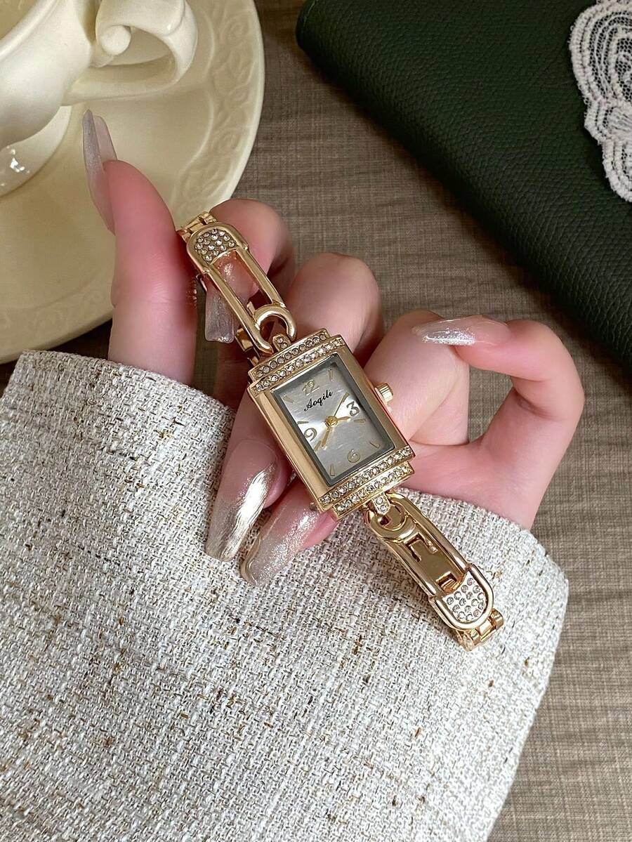 1pc Rectangular Gold Quartz Watch, White Dial, Hollow Strap Design, Fashionable And Elegant, Suitable For Daily Wear - Gold - View 1