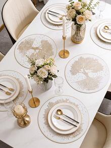 1-12pcs Luxury Tree Of Life PVC Placemats, Light Gold Embossed Round Table Mats For Holiday Table Setting - Multicolor - View 6
