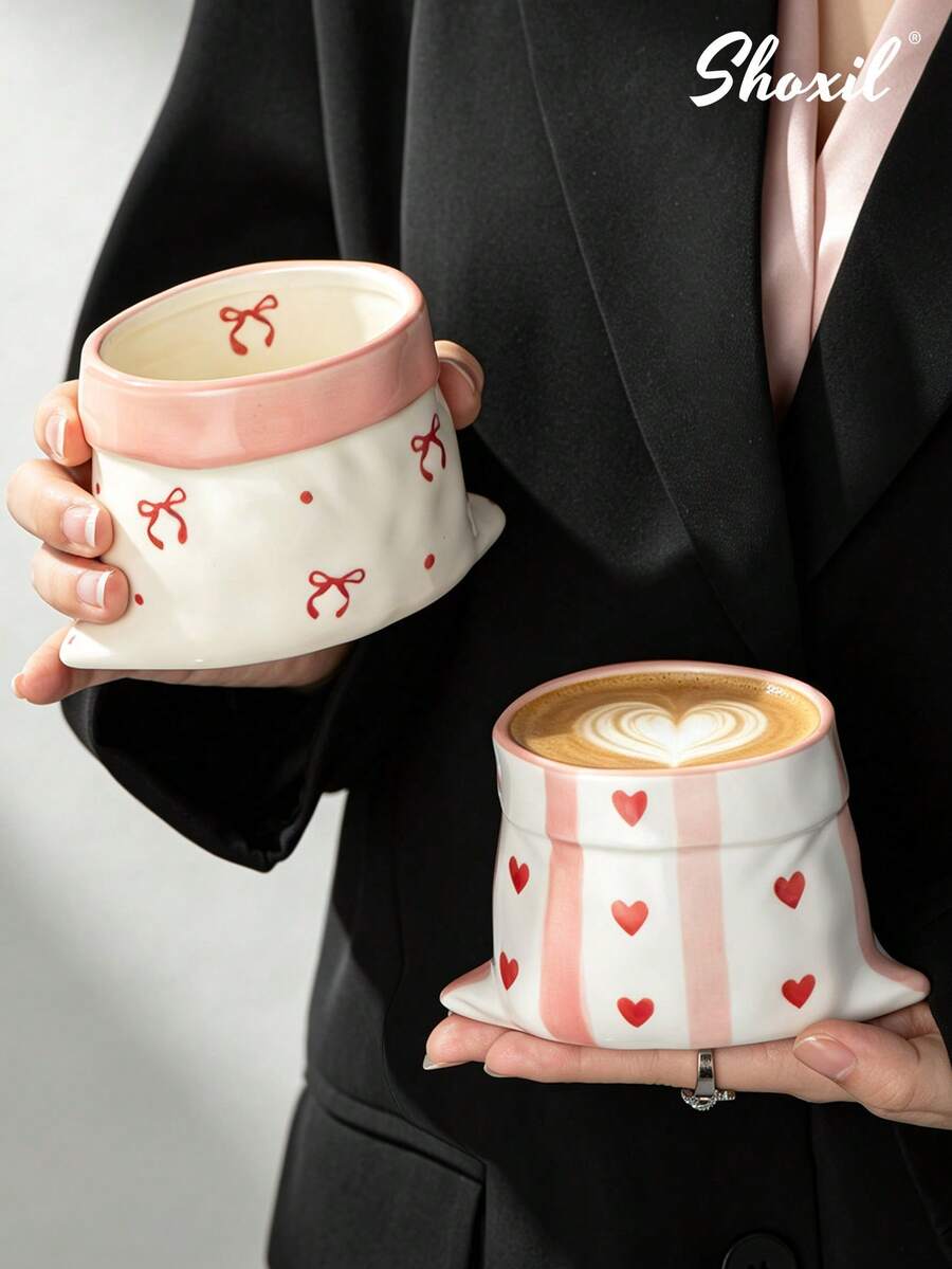 shoxil 1pc 300ml Asymmetrical Bag-Shaped Ceramic Mug, Sweet Printed Underglaze Ceramic Mug, Cute And Lightweight, Suitable For Home Tea Break, Coffee Shop Display And Indoor Daily Decoration - Multicolor - View 1