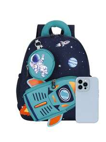 New Unisex Backpack, Astronaut Rocket Pattern, Lightweight And Comfortable, Suitable For Daily Travel And School. - Green With Dark Blue - View 2