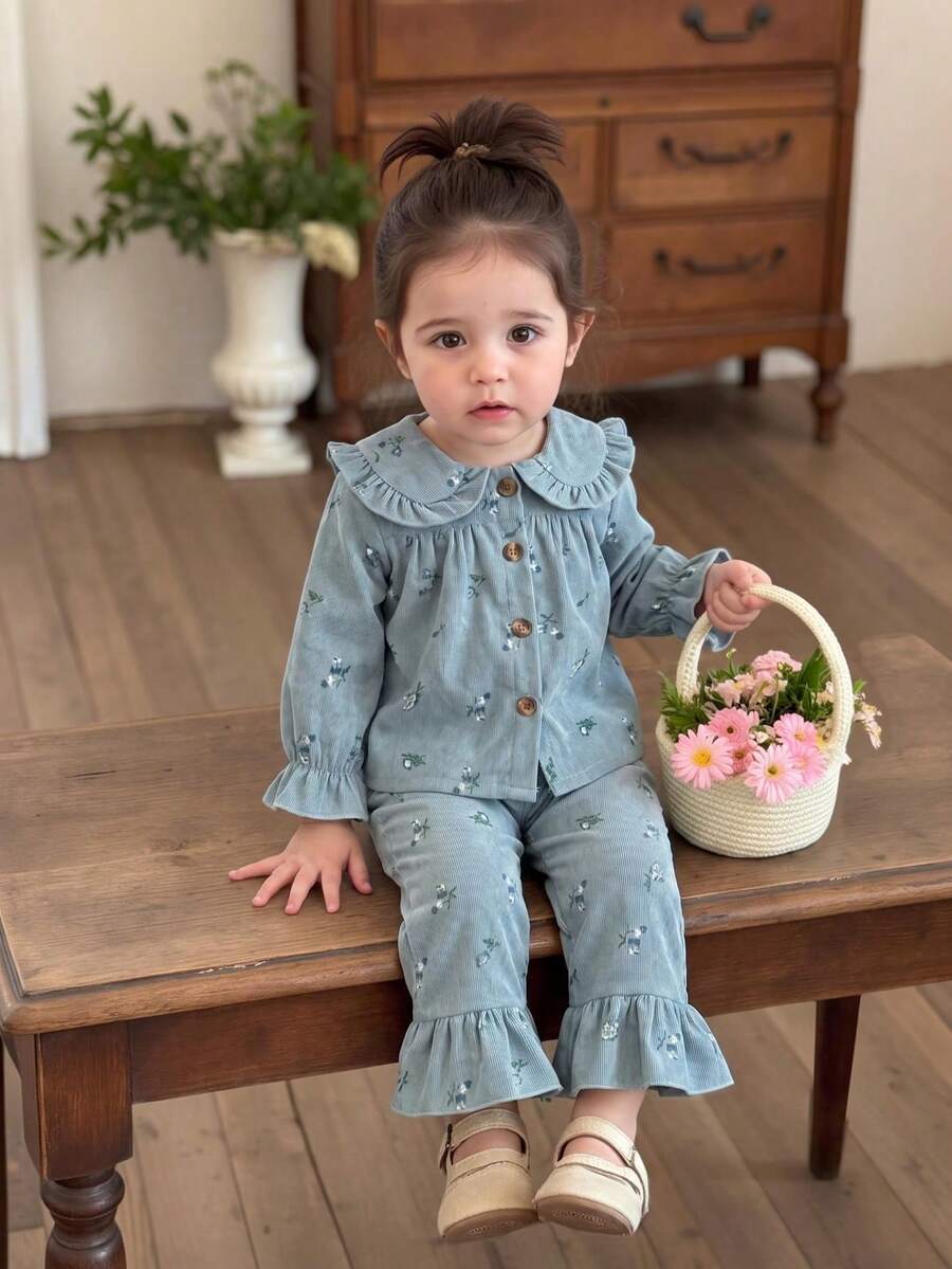 2pcs Baby Girl Forest Style Neighbor Girl Peter Pan Collar Printed Long Sleeve Cardigan & Long Pants Set, Thin, Spring/Autumn, Outdoor Casual - Dusty Blue - View 1