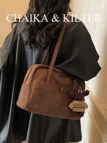 CHAIKA & KILTER 1件裝 素色麂皮布料女款復古時尚啞光單肩保齡球包，對比色絎縫縫線，雙手柄設計，拉鍊開合，適合日常與街頭使用（附吊飾） - 咖啡 - 查看 8