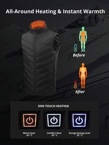 CAMEL CROWN Unisex USB Heated Vest 3 Heating Zones Adjustable Temperature Thermal Sleeveless Waistcoat Outdoor Warm Heating Vest Power Bank Not Included - Black - View 7