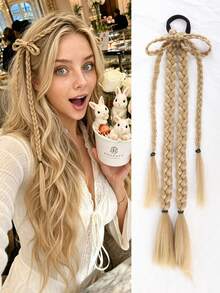 Synthetic Braided Ponytail Hair Extension With Bow Hair Tie, Double Braid Hairpiece For Women, Y2K Party Cosplay Hairstyle - Multicolor - View 12