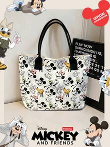 Miniso Disney Mickey And Friends Canvas Tote Bag With All-Over Cartoon Character Print Shoulder Bag With Handles For Daily Use - Black - View 7