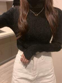Solid Color Turtleneck Top, Elastic Slim Fit Basic Long Sleeve Inner Layer Base Sweater - Black - View 4