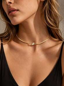 outingfit 1pc Minimalist Luxury Oval Rhinestone Asymmetric Double Layer Open Collar Necklace For Women Wedding, Ball And Party Jewelry - Geometry - View 5