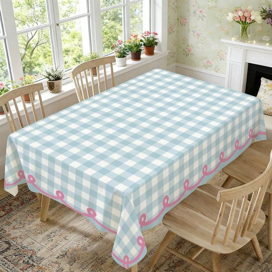 1pc Light Blue & White Plaid With Pink Trim Printed Tablecloth, Spring/Summer Decor, Spring Gift, Indoor/Outdoor Use, Suitable For Holiday Party, Home Decor, Mother's Day, Farmhouse Decor - A - View 1