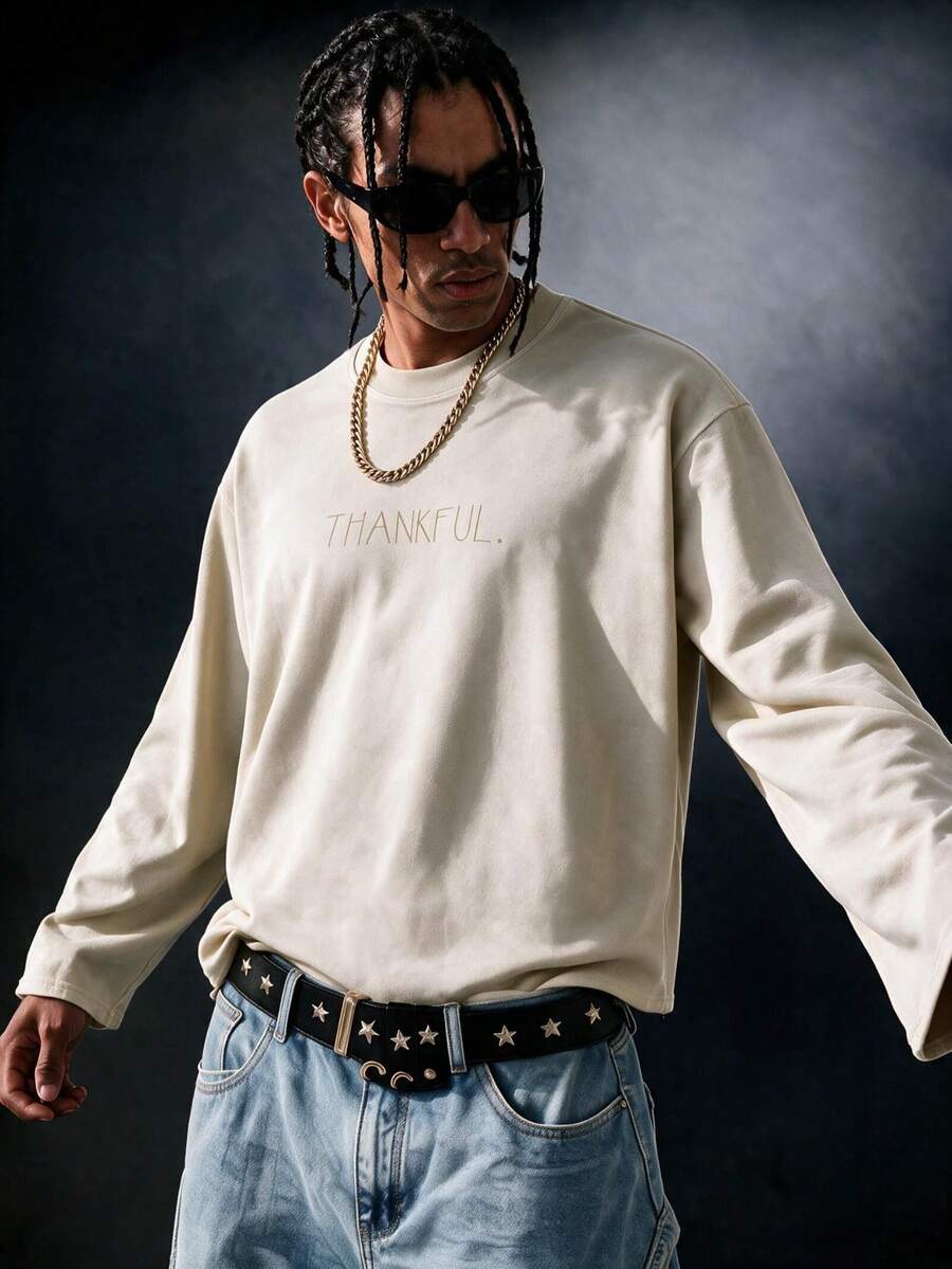 SU ER 1pc Men's Autumn Casual Daily Letter Print Long Sleeve T-Shirt | Fashion | Showcase Style - Apricot - View 1