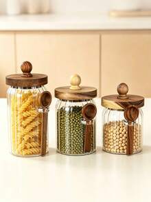 1pc Glass Jar Set With Wooden Lid And Spoon - Multi-Purpose Storage Container For Coffee, Candy, Tea, Snacks, Seasonings, Salt And Pepper - Hand Washable, Reusable, Round Flip Lid Jar, No Electricity Required - View 4