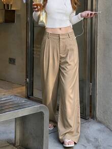Fall/Winter Khaki Wide Leg Pants Women's Draped New High Waist Relaxed Fit Formal Pants Commute Slimming Long Pants - Khaki - View 7
