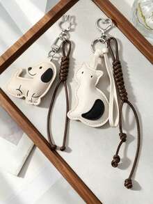 1pc Cartoon Multi-Color Leather Dog & Cat Handmade Braided Rope Keychain Bag Pendant - Multicolor - View 1