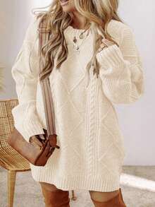 Acelitt Autumn/Winter Plus Size Women's Solid Color Knit Textured Cold Shoulder Plus Size Sweater Dress - Apricot - View 5