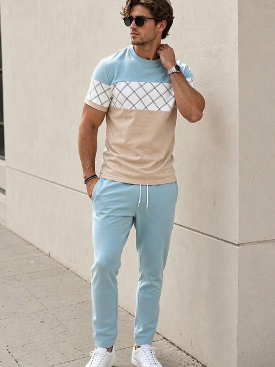 Men's Autumn/Winter Simple Elegant Comfortable Argyle Colorblock Patchwork Short Sleeve & Long Pants Set - Multicolor - View 1