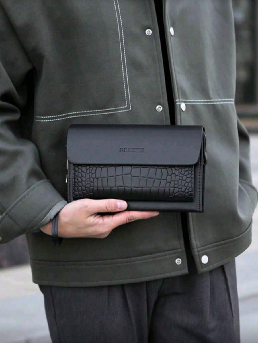 New Crocodile Embossed Men's Clutch Bag, Password Lock Anti-Theft Handbag, Multi-Card Slot Large Capacity Business Casual Versatile PU Leather Clutch, Father's Day Gift - Black - View 1