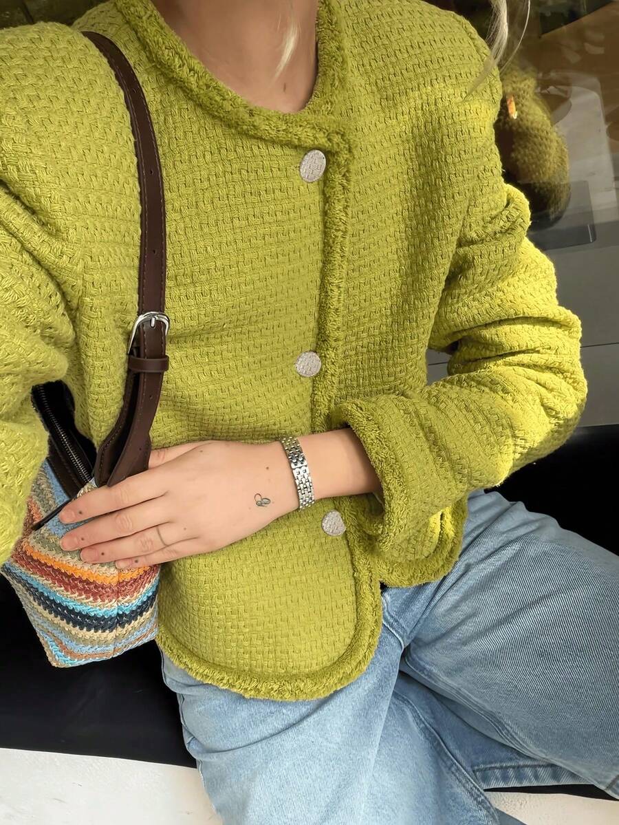 Women's Business Casual Round Neck Tweed Short Jacket, Tassel Decor Button Front Long Sleeve Elegant Outerwear Blazer - Green - View 1