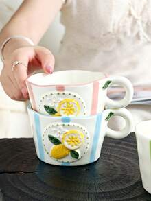 3D Embossed Lemon Ceramic Cup, Hand-Painted Striped Coffee Mug, Cute Asymmetrical Wavy Edge Tea Cup, Microwave And Dishwasher , Fun Fruit Drinkware Kitchen Gift, Christmas Present - Multicolor - View 8