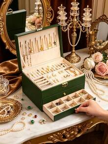 1pc Large Capacity Diamond Drawer Jewelry Box, White Green Color Block Black Optional, Top Layer Necklace Hooks Ring Slots Earring Board, Bottom Layer Drawer Compartments, Lockable Dust-Proof, Vanity Storage Watch Slot, Anti-Oxidation, Necklace Hooks, Home Use Zipper - Multicolor - View 9