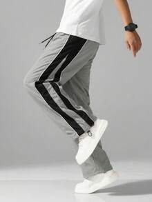 Men's Loose Fit Jogger Sweatpants With Contrast Line & Star Print, Elastic Waist, Outdoor Casual Everyday Pants - Grey - View 1